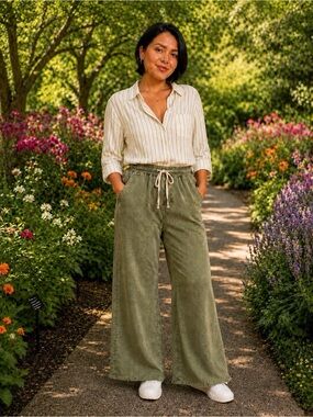 aerie olive green frayed-hem wide-leg pants